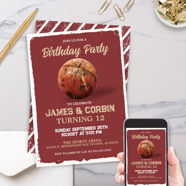 Invitation Boys Basketball Rouge Thème Double Anniversaire (Red Birthday party invitation for twins double party invites for two with basketball theme)