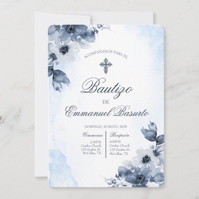 Invitation Boys blue baptism with cross  (Devant)