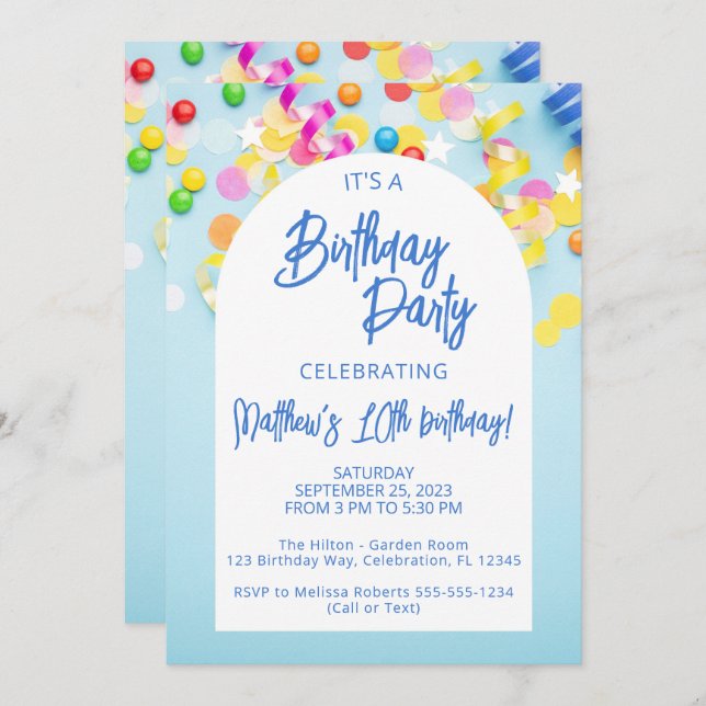 Invitation Boys Blue Birthday Party (Devant / Derrière)