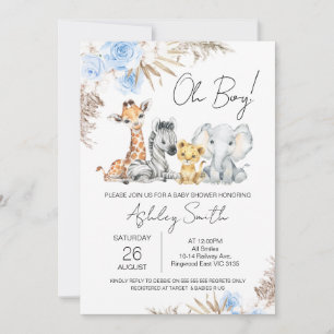 Invitation Boys Blue Boho Floral Baby shower Safari