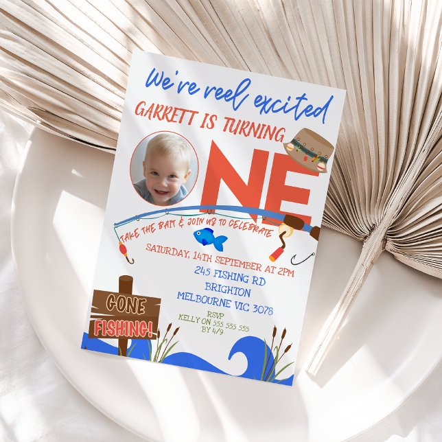 Invitation Boys Blue Fishing Nous sommes Reel Excité 1er anni (Boys Reel Excited 1st Birthday Invitation Template, Fishing Themed 1st Birthday Invitation, Photo)