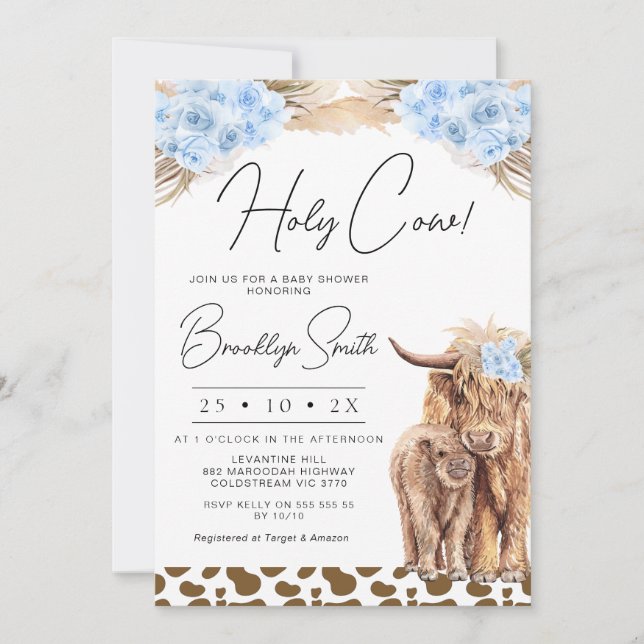Invitation Boys Blue Floral Highland Baby shower de vache (Devant)