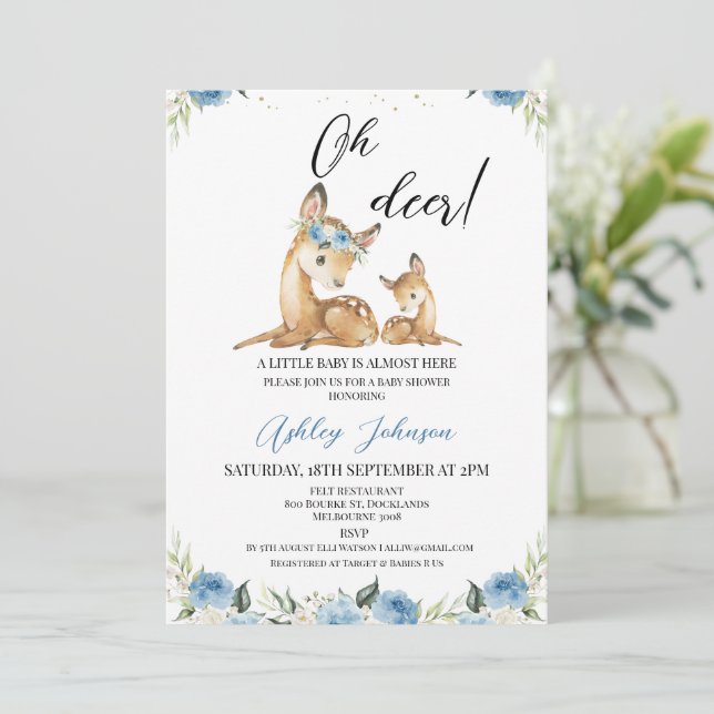 Invitation Boys Blue Floral Oh Deer Baby shower (Debout devant)