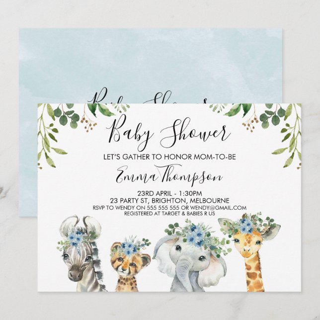 Invitation Boys Blue Floral Safari Baby shower Animaux (Devant / Derrière)