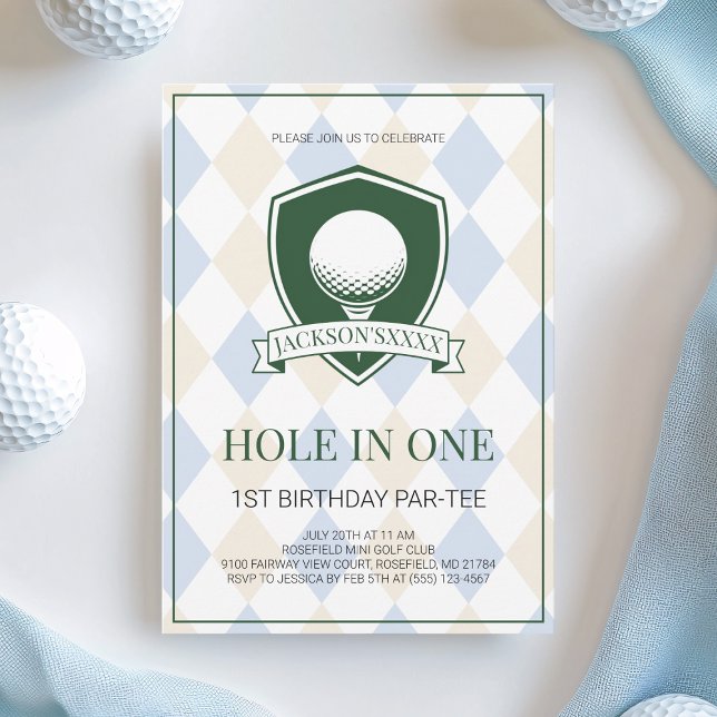Invitation Boys Blue Golf Hole in One 1st Birthday Party (Boys Blue Golf Hole in One 1st Birthday Party Invitation)