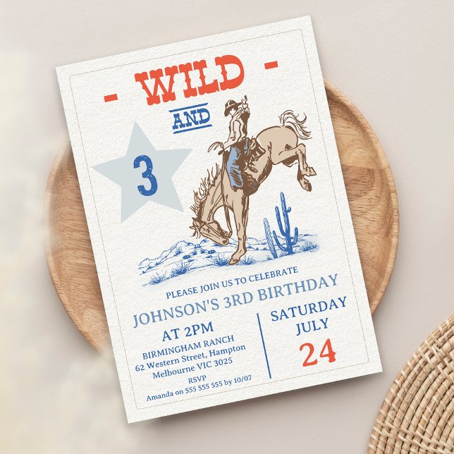 Invitation Boys Blue Red Wild et Trois Rodéo 3e anniversaire (Wild and Three 3rd Birthday Invitation, Rodeo 3rd Birthday Invitation, Cowboy Wild West Western)