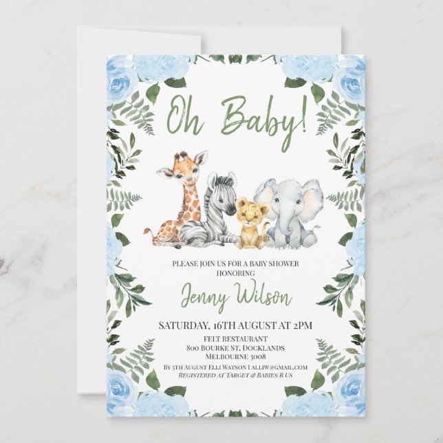 Invitation Boys Blue Rose Foliage Safari Baby shower (Devant)