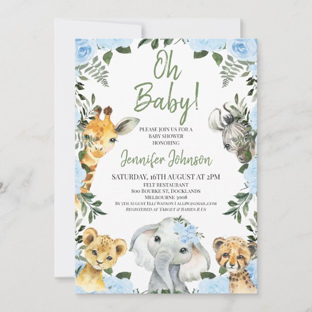 Invitation Boys Blue Rose Safari Animaux Baby shower (Devant)