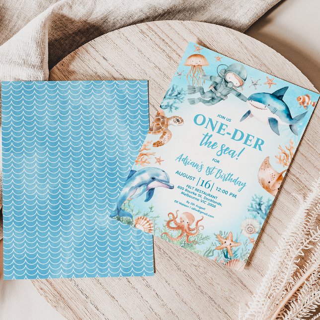 Invitation Boys Blue Scuba Diver Oneder Mer 1er anniversaire (Oneder the Sea 1st Birthday Invitation, Scuba Diver 1st Birthday Invitation Template, Under The Sea)