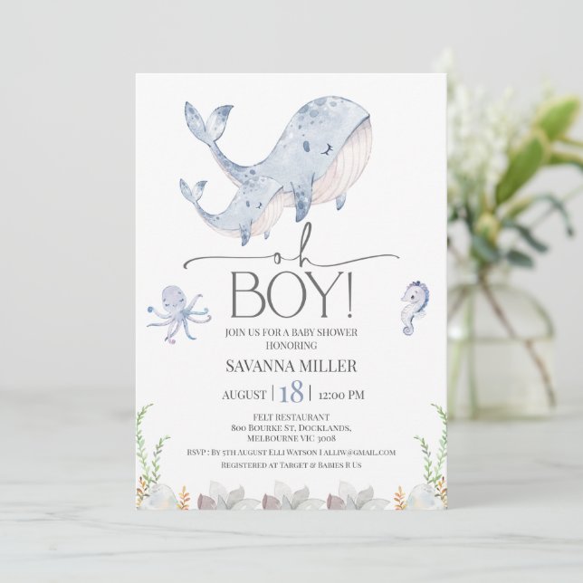 Invitation Boys Blue Under Sea Whale Calf Baby shower (Debout devant)