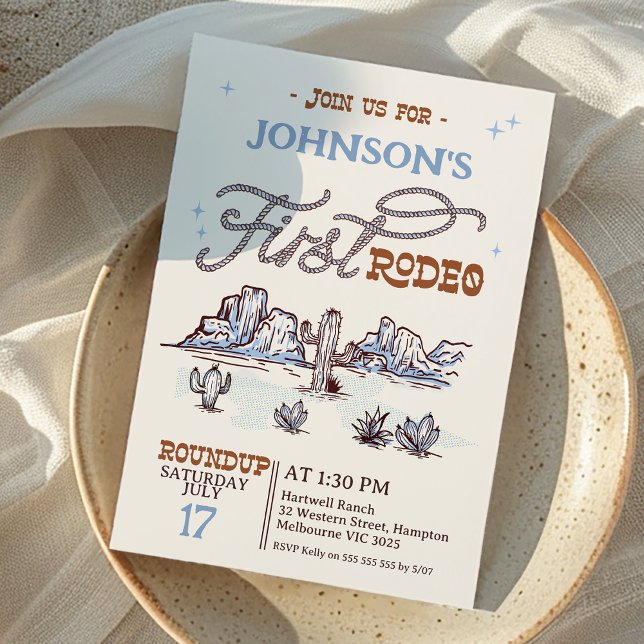 Invitation Boys Blue Western Desert Premier Rodéo 1er Anniver (Boys Retro First Rodeo 1st Birthday Invitation, First Rodeo Birthday Invitation, Cowboy Western )
