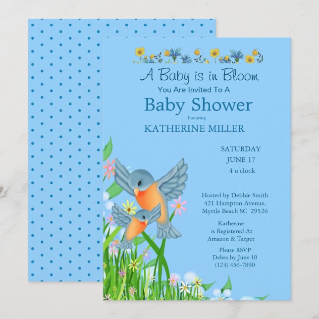 Invitation Boys Bluebirds Baby shower Fleur sauvage (Devant / Derrière)
