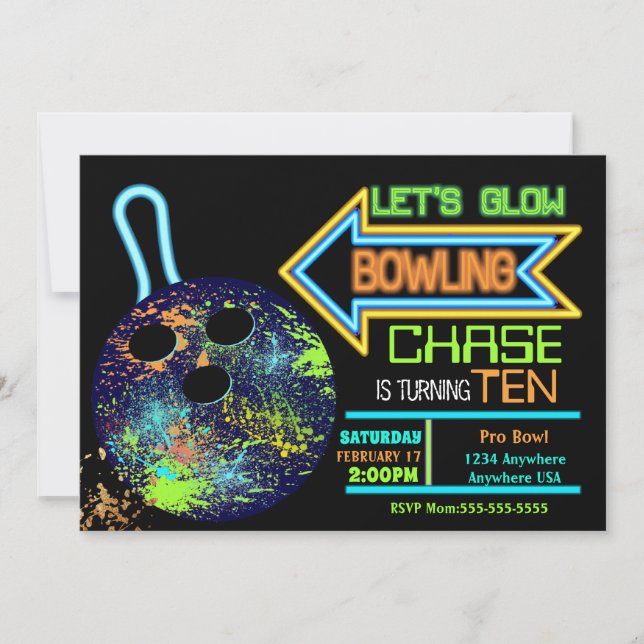Invitation Boys Bowling, Anniversaire Neon luge bowling (Devant)