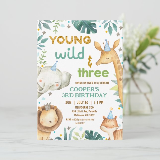 Invitation Boys Brown Cheetah Print Young Wild Three Birthday (Debout devant)