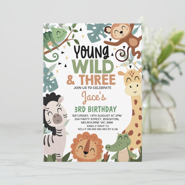 Invitation Boys Brown Green Young Wild Three 3rd Birthday (Debout devant)