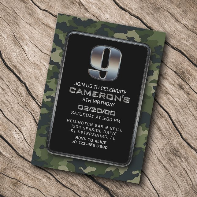 Invitation Boys Camo Chasse Armée 9e anniversaire (Créateur téléchargé)