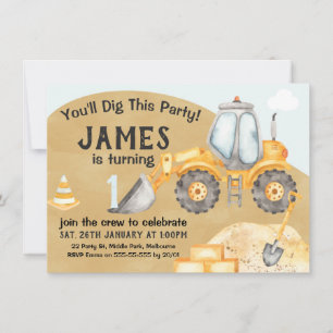 Invitation Boys Construction Excavateur 1er anniversaire