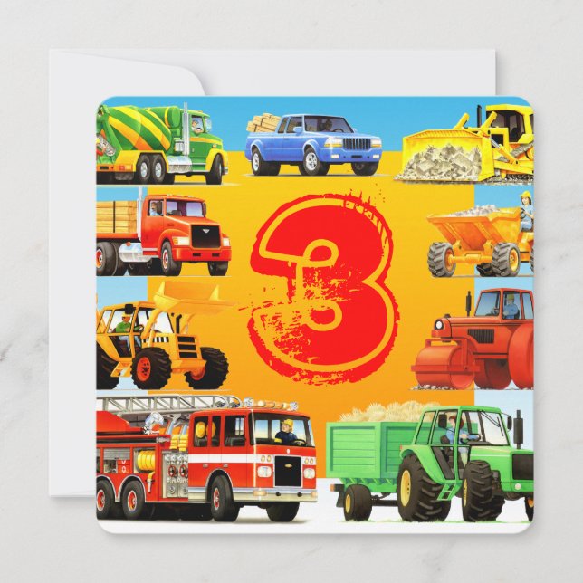 Invitation Boy's Construction Truck 3e fête d'anniversaire (Devant)