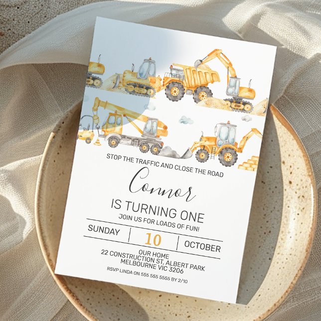 Invitation Boys Construction Véhicules Anniversaire Invitatio (Under Construction Themed First Birthday Invitation For Boy Modern Excavators Dump Truck Crane Road)
