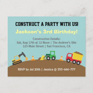 Invitation Boys Construction Véhicules Thème Anniversaire Fêt