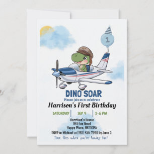 Invitation Boys Cute Blue Avion Dinosaur Enfants 1er annivers