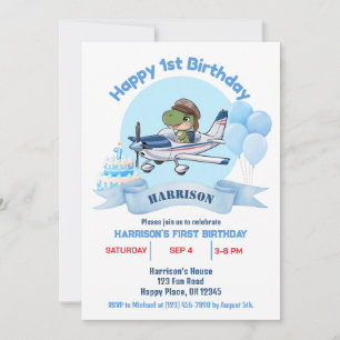 Invitation Boys Cute Blue Avion Dinosaur Enfants 1er annivers
