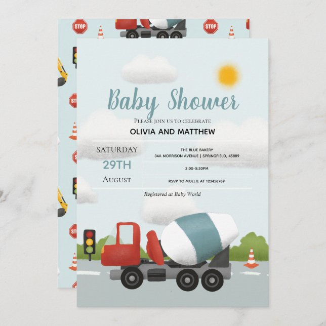 Invitation Boys Cute Blue Construction Baby shower de transpo (Devant / Derrière)