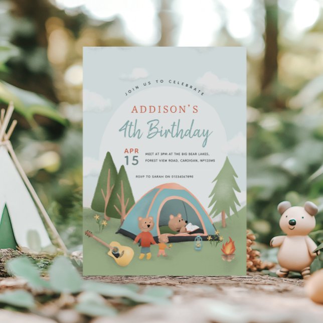 Invitation Boys Cute Woodland Happy Camper Bear Birthday (Créateur téléchargé)