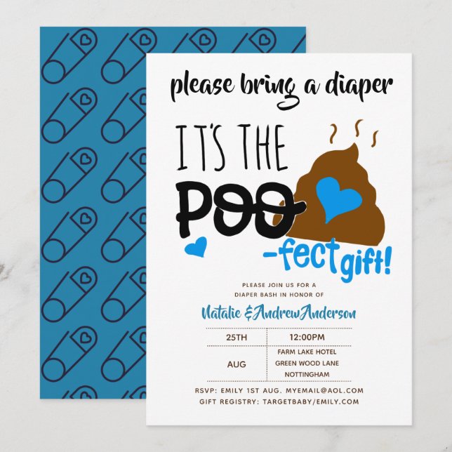 Invitation Boys DIAPER Party Blue POOP Emoji Poofect (Devant / Derrière)