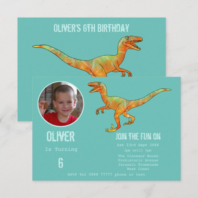 Invitation Boys Dinosaur Velociraptor 6e fête d'anniversaire  (Devant / Derrière)