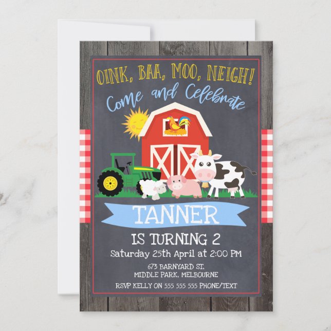 Invitation Boys Farm Tractor Chalkboard Anniversaire Invitati (Devant)