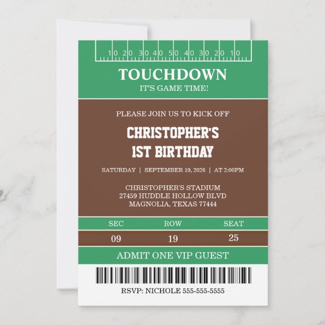 Invitation Boys Football First Year Down 1st Birthday Party (Devant)