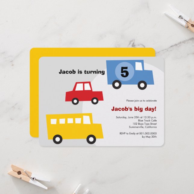 Invitation Boys Jouets Amusants Transport Enfants 5e annivers (Devant/Arrière en situation)