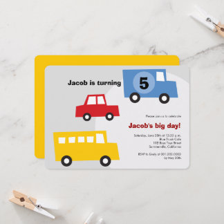 Invitation Boys Jouets Amusants Transport Enfants 5e annivers