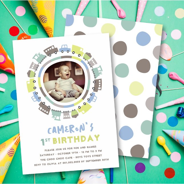 Invitation Boys Jouets Amusants Transport Photo 1er anniversa (Boy's Toys Pastel Blue Fun Transport Any Age / 1st Birthday Photo Kid's Party Invitation @ Zazzle)