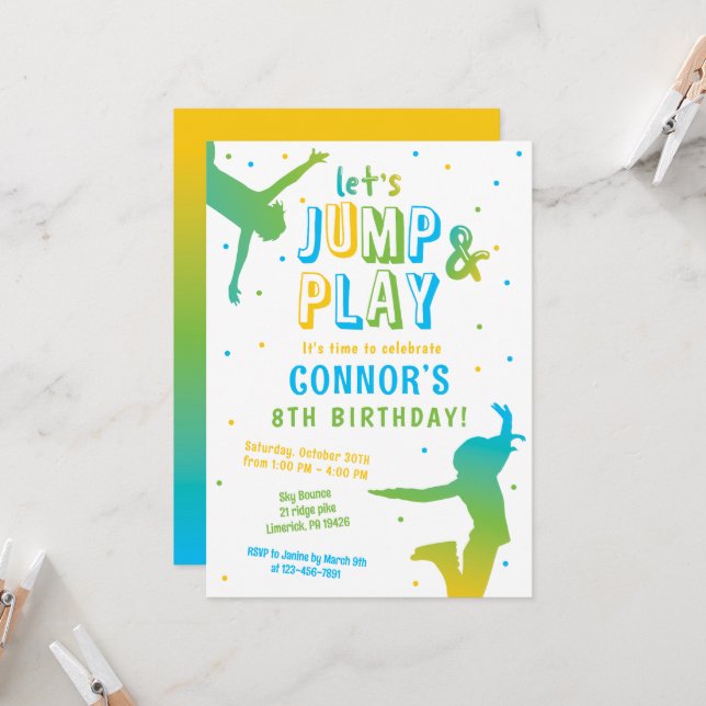Invitation Boys Jump fête d'anniversaire Trampoline Park (Devant/Arrière en situation)