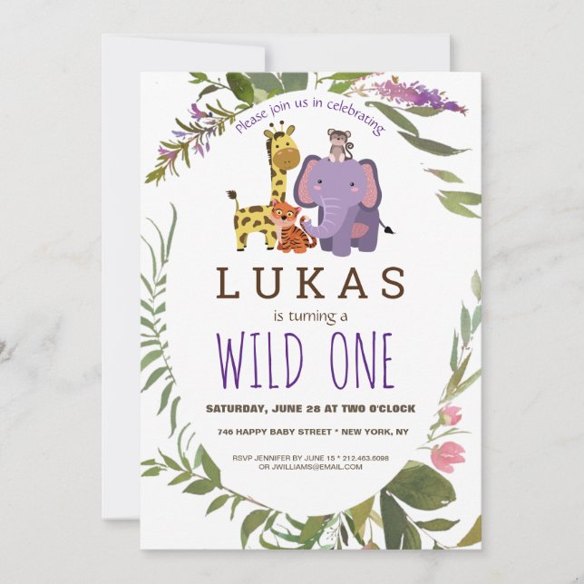 Invitation Boys Jungle Safari Animal 1er fête d'anniversaire (Devant)
