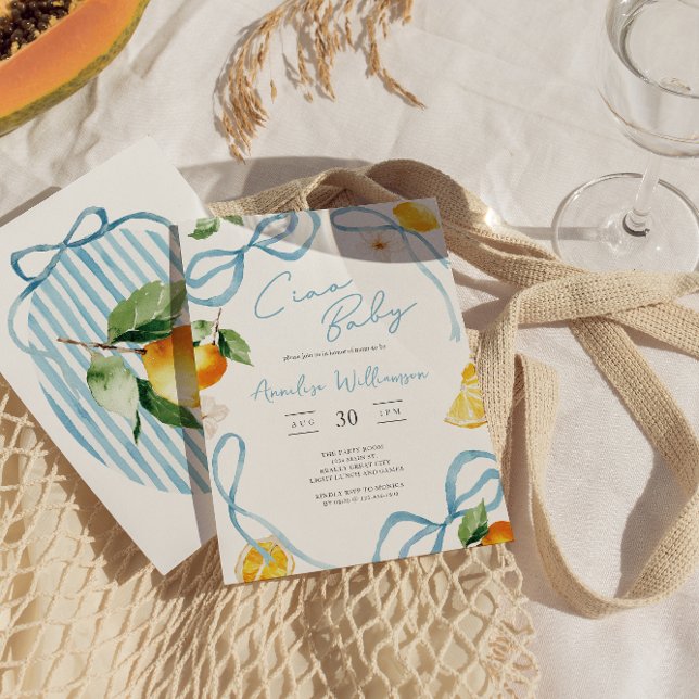 Invitation Boys Lemon Ciao Baby Italian Baby Shower (Blue Bows Boys Italian Lemon Baby Shower Invite)