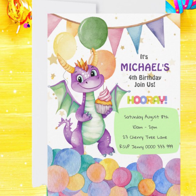 Invitation Boys mignon Dragon Anniversaire de enfant Invitati (Cute Watercolor Dragon Birthday Invitation | Personalized Kids Party)
