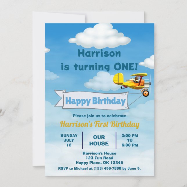 Invitation Boys mignon Voyage avion Anniversaire de enfant pe (Devant)