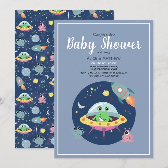 Invitation Boys mignonne Space Alien Rocket Ship Baby shower (Devant / Derrière)