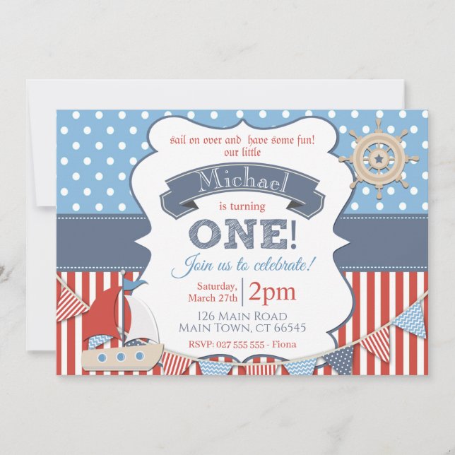 Invitation Boys Nautical Sailor Ship 1er anniversaire (Devant)