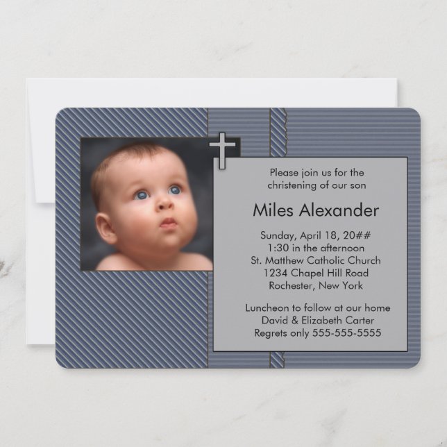 Invitation Boys Navy Blue and Grey Photo Christening (Devant)