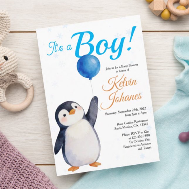 Invitation Boy's Penguin Blue Baloon Watercolor Baby Shower  (Créateur téléchargé)