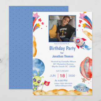 Invitation Boys Photo Espace Extérieur Astronaut Bleu Rouge