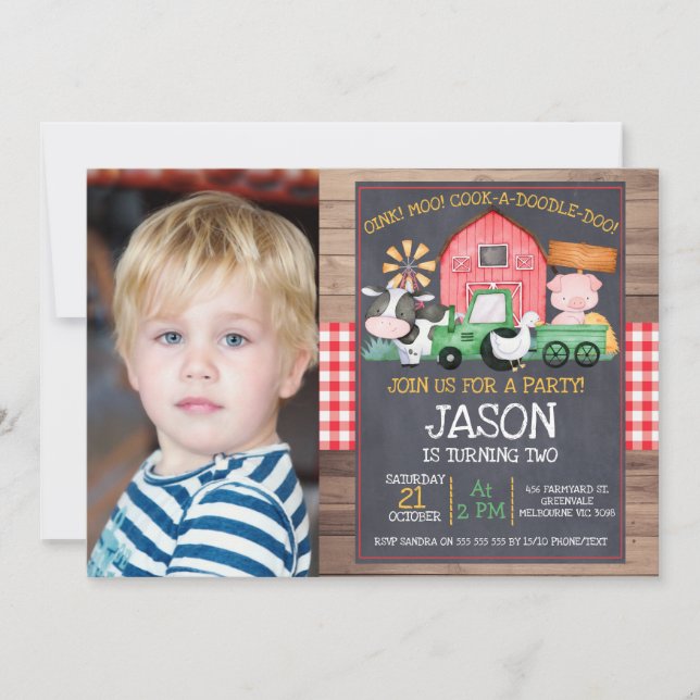 Invitation Boys Photo Farm Green Tractor Chalkboard Anniversa (Devant)