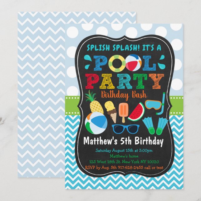 Invitation Boys Pool Party Glace Creative Birthday (Devant / Derrière)