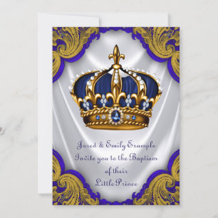 Invitation Boys Prince Baptême Royal Blue Gold Swirl Satin