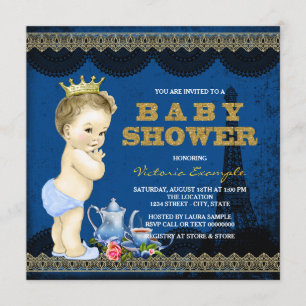 Invitation Boys Prince Paris Tea Party Baby shower Royal Blue