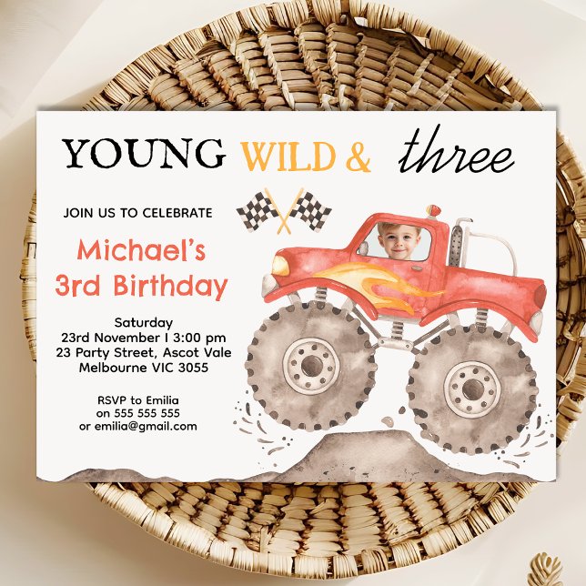 Invitation Boys Red Monster Truck Young Wild Trois Anniversai (Boys Monster Truck Birthday Invitation, Young Wild Three Monster Truck Birthday Invitation Template)
